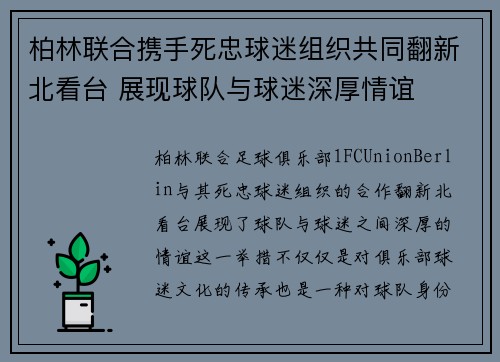 柏林联合携手死忠球迷组织共同翻新北看台 展现球队与球迷深厚情谊