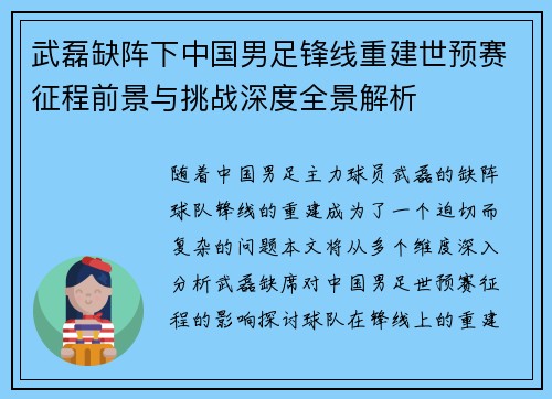武磊缺阵下中国男足锋线重建世预赛征程前景与挑战深度全景解析